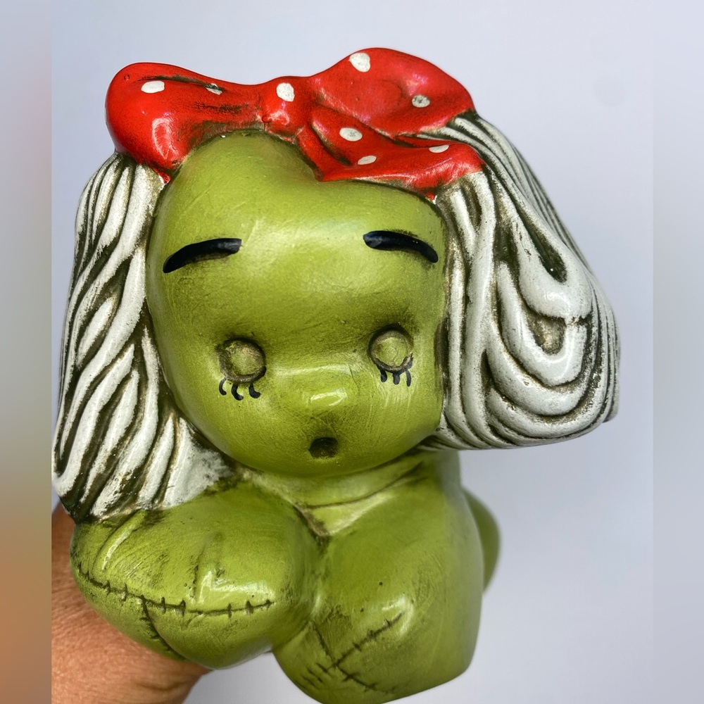 Dog Figurine Ceramic Green Stitched Red Bow Long Ears 1971 Groovy 6.5”